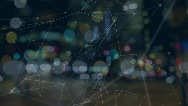 Animation of network of connections moving over bokeh lights and city at night background