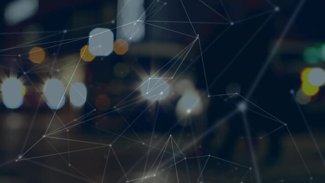 Animation of network of connections on bokeh lights and city background