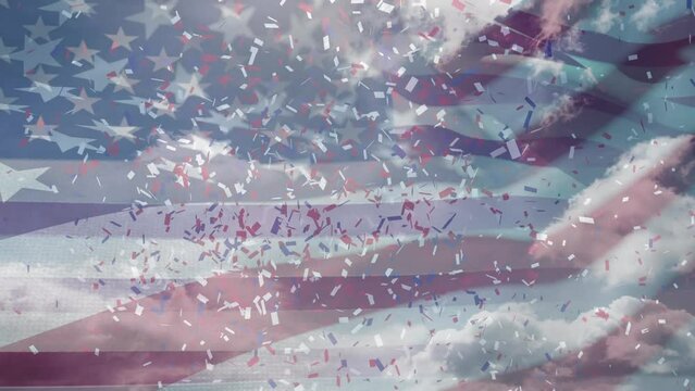 Animation of red, white and blue confetti falling over flag of america and blue sky
