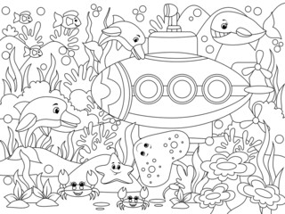 Underwater sea transport, marine livestock, fish. Coloring page outline of cartoon. Vector illustration, coloring book for kids.