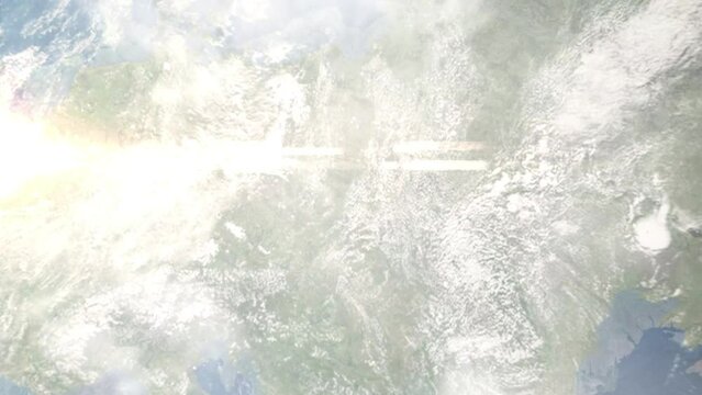 Earth zoom in from outer space to city. Zooming on Tychy, Poland. The animation continues by zoom out through clouds and atmosphere into space. Images from NASA
