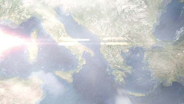 Earth zoom in from outer space to city. Zooming on Lecce, Italy. The animation continues by zoom out through clouds and atmosphere into space. Images from NASA