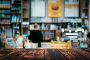 Coffee shop table background. Blurred interior cafe restaurant with wooden desk for product. Selected focus