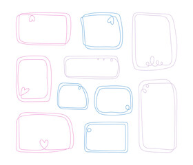 Set hand drawn linear cute frames for text or photo. Pastel line decorative elements for design, decor and collages - frames with curls, loops and hearts, doodle scribble stroke.
