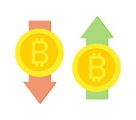 Bitcoin signs with rising and falling arrows. Positive and negative dynamics in crypto market - business, finance and analytics for bitcoin coin.