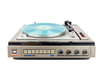 Vintage turntable record player with turquoise vinyl