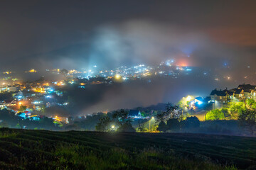 The evening landscape in the valley falling asleep with fog covered is so fuzzy, so beautiful and peaceful