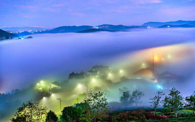 The evening landscape in the valley falling asleep with fog covered is so fuzzy, so beautiful and peaceful
