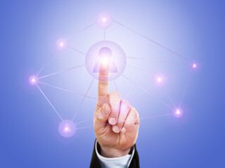 Businessman is Pushing On Social Media Button Against Blue