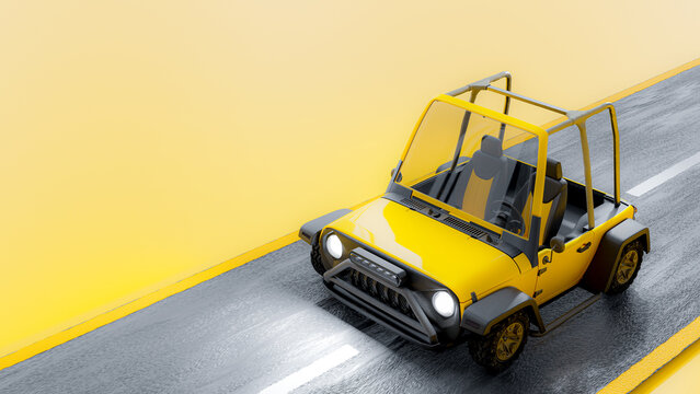 yellow tourist car run on mock road. on yellow background with light coming from the side. 3D Render.