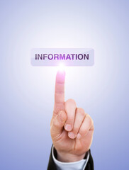 Businessman is Pushing On Information Button Against Blue