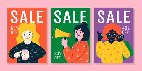 Set of bright sale banners in flat style. Discounts 30%, 40%, 50%. Cheerful woman with a phone, with purchases, with a mouthpiece. Vector illustration.
