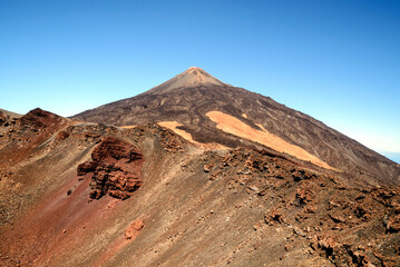 Mount Teide peak seen from Pico Viejo volcano crater at Teide National Park, Tenerife, Canary Islands, Spain