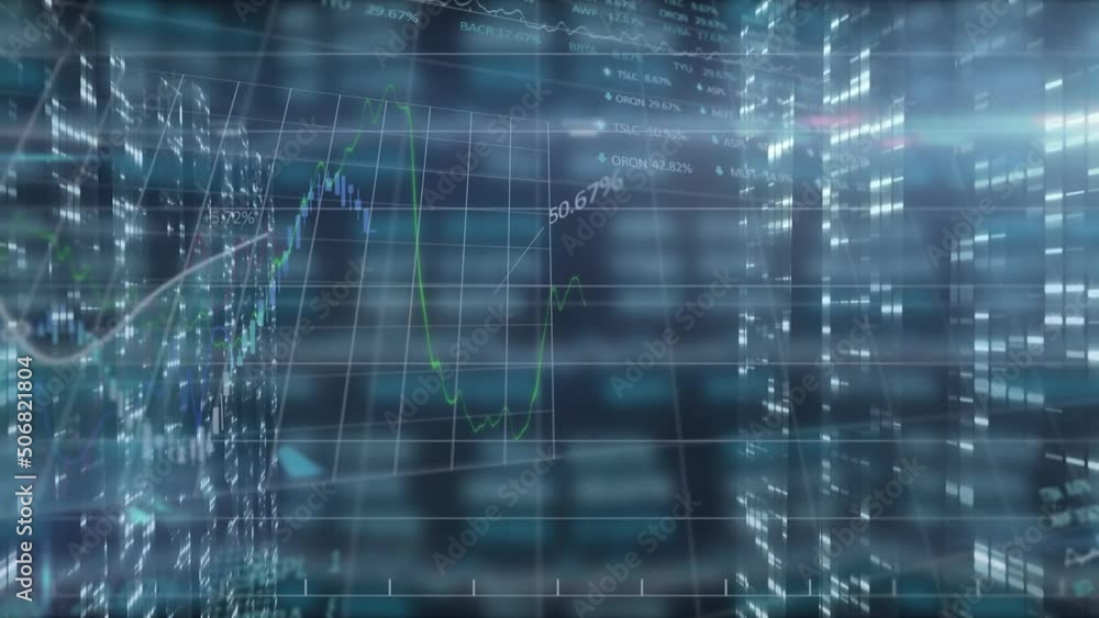 Poster animation of financial data processing with numbers over grid