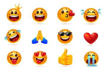 Vector collection of smile sticker with crown, tear, heart, sunglasses and hand. Large set of illustration of different yellow color smile emoticon for social media message. 3d style design of emoji