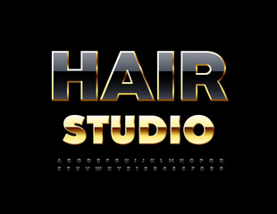 Vector glamour emblem Hair Studio with Black and Gold Alphabet Letters and Numbers set. Glossy chic Font