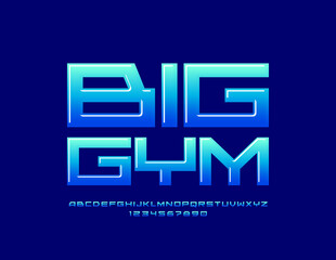 Vector creative sign Big Gym. Modern Glossy Font. Artistic Alphabet Letters and Numbers