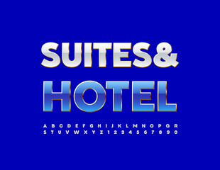 Vector elite banner Suites and Hotel. White and Gold glossy Font. Elegant Alphabet Letters and Numbers set