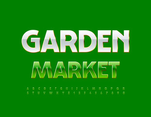 Vector stylish Signboard Garden Market. Elegant Green Font. Artistic Alphabet Letters and Numbers set