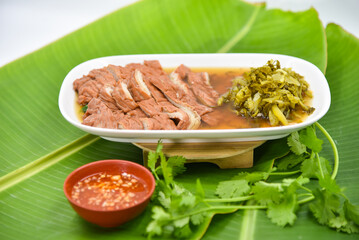 Stew Pork Intestine - Thai food, top view on white background.