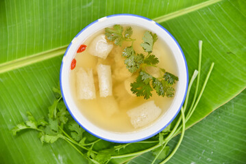 Bamboo Mushroom Soup - Thai food, top view on white background.