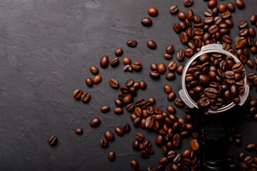 Hot fresh black coffee with milk foam for morning menu in white ceramic cup with coffee beans roasted on.