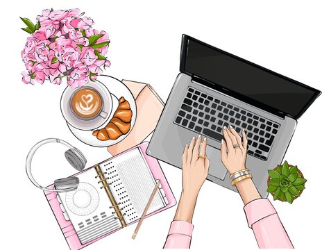 Woman's office desk flatlay. Boss babe workplace. Stationary, planner, cup of coffee. Pink, gold. Femenine workspace. Illustration.