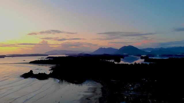 Tofino Vancouver Island Pacific rim coast, Canada, beautiful sunset at the beach with fog at Tofino Vancouver Island Canada. High quality 4k footage