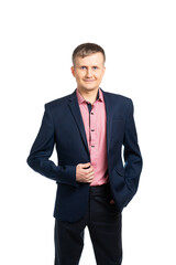 Portrait of a man in a blue business suit. young man looking at the camera. isolated