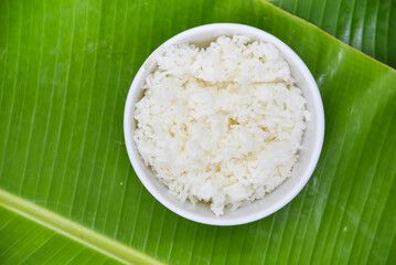 Steamed Rice - Thai food, top view on white background.