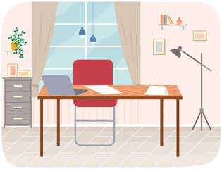 Empty office workplace interior design. Business objects, vector elements and equipment. Modern office with furniture, laptop on table, chairs, workspace at home or office premice without employees