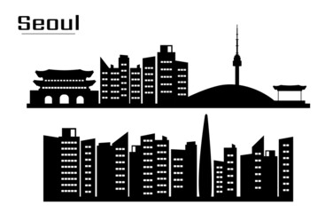 Silhouette of Seoul. Cityscape with buildings.  Vector silhouette illustration. Black elements.