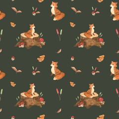 Seamless watercolor pattern on the theme of autumn and cute animals with little foxes, twigs with leaves, wild berries, twigs, tree stumps, mushrooms and decor for your design in high quality