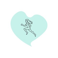 Realistic running naked woman outline black illustration. Fit symbol. Soft color heart. Movement. Love of sport concept. Silhouette on white, for: , logo, app, design, web, dev, ui. Vector EPS 10