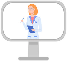 Online medical advice or consultation service with female doctor on computer screen. Monitor with female therapist conducts lecture for physicians. Ask doctor, tele medicine, cardiology, healthcare - obrazy, fototapety, plakaty