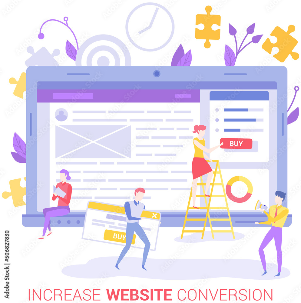 Poster people working on website development. seo optimization, increase conversion of web page for online 