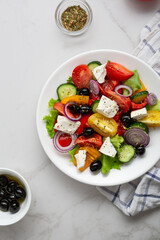 salad with feta cheese top view Greek 