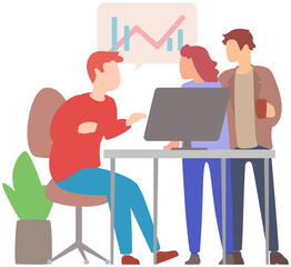 Manager makes presentation of statistical report analysis charts. Planning business. Teamwork consulting for project management, financial reporting and strategy. Data analysis research statistics