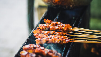 Delicious Asian Cuisine, Indonesian Chicken Satay or Sate Ayam in Bahasa. 