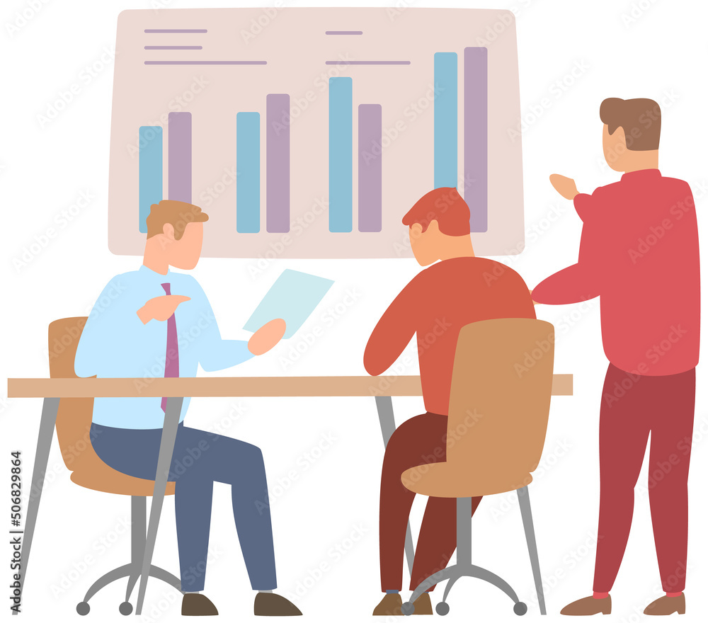 Poster manager makes presentation of statistical report analysis charts. planning business. teamwork consul
