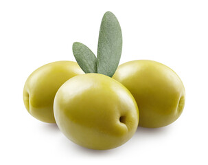 Delicious green olives with leaves, isolated on white background