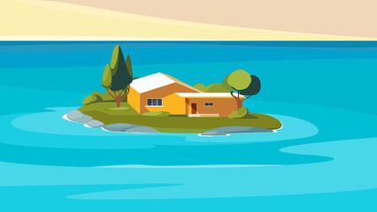 Seascape with orange house on island. Beautiful natural landscape.