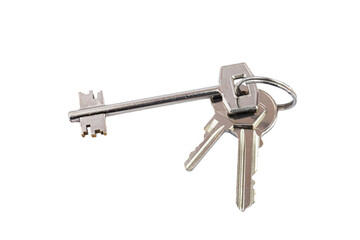 Bunch of keys isolate on white background. Metal home keys with key for island armored door