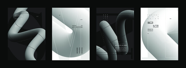 Abstract set Placards, Posters, Flyers, and Banner Designs. Vertical A4 format. Strict and discreet brochure. Type and 3D shapes.