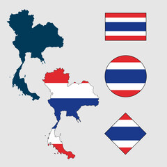 Vector of Thailand map flag with flag set isolated on white background. Collection of Thailand flag icons with square, circle, rectangle and map shapes.