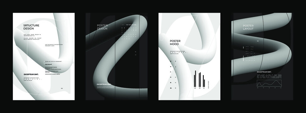 Abstract set Placards, Posters, Flyers, and Banner Designs. Vertical A4 format. Strict and discreet brochure. Type and 3D shapes.