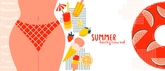 Summer background with place for text. Female hips.  Fresh tropical fruits, sliced pieces. Popsicle, ice cream, cocktail with umbrella, strawberry. Inflatable circle with watermelons. Vector border