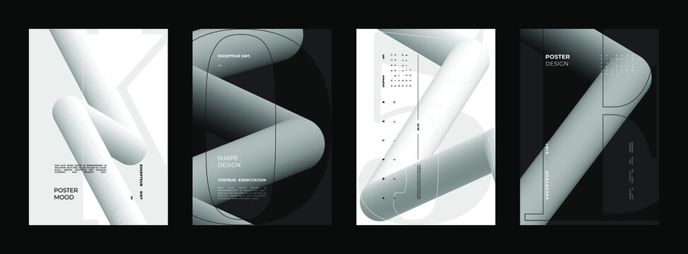 Abstract set Placards, Posters, Flyers, and Banner Designs. Vertical A4 format. Strict and discreet brochure. Type and 3D shapes.