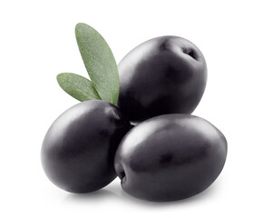 Delicious black olives with leaves, isolated on white background