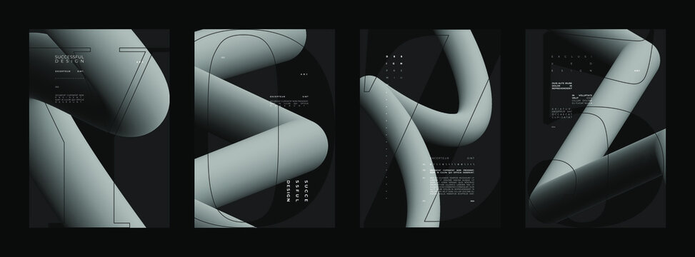 Abstract set Placards, Posters, Flyers, and Banner Designs. Vertical A4 format. Strict and discreet brochure. Type and 3D shapes.